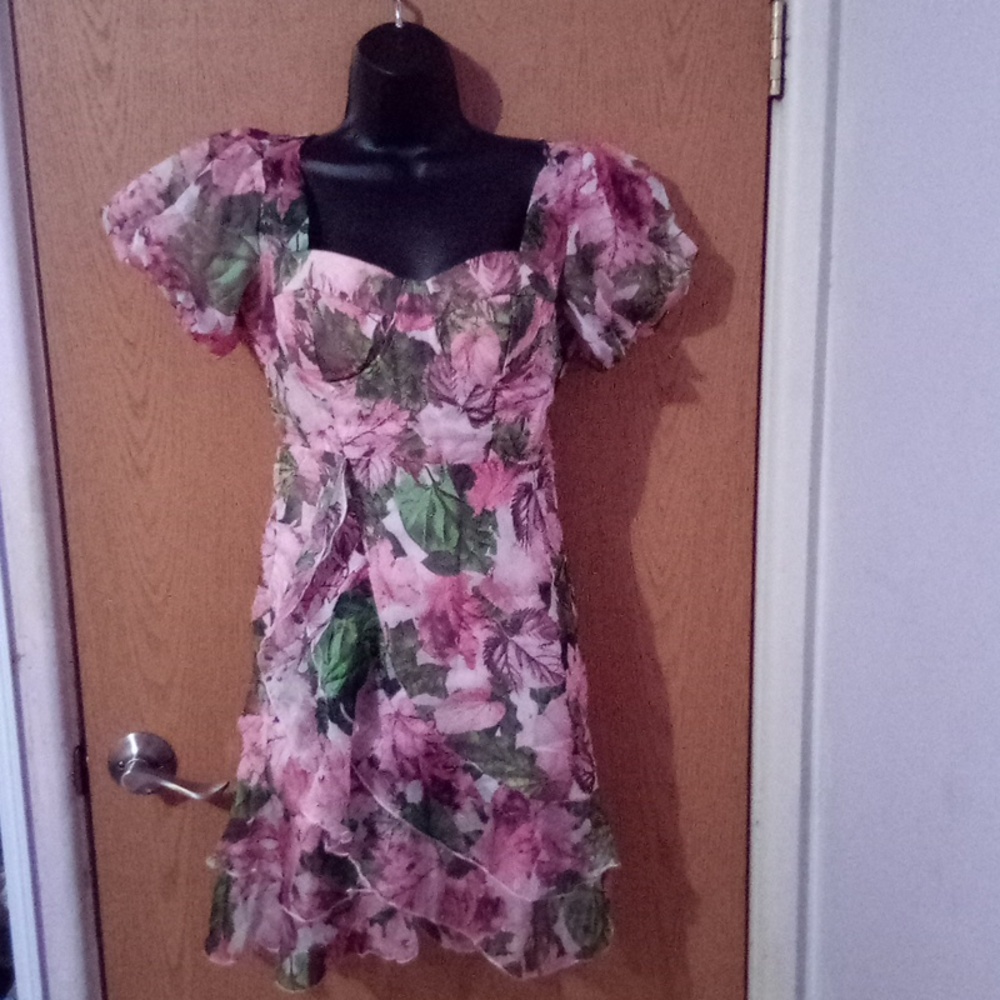 Floral Puff Sleeve‎ Mini Dress Pink Green Sweetheart Neck Ruffle Hem Tiered L - Picture 1 of 10